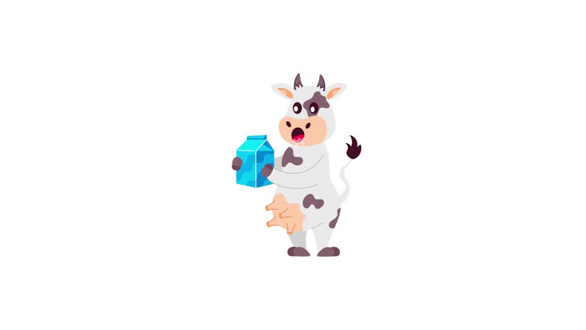 Cartoon style animated sticker of cute cow holding milk packet 

