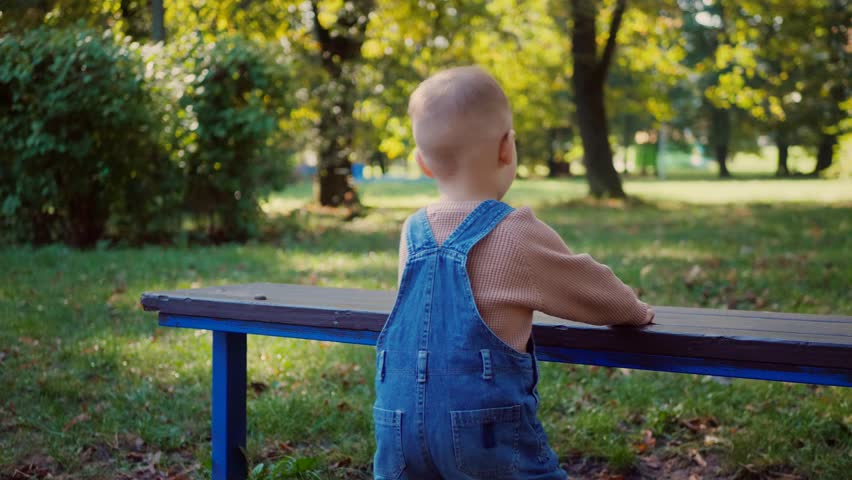 A little boy, lost in thought and happy, sits on a park bench, bathed in autumn sunlight. Autumn hues surround a child, contemplatively seated on a weathered wooden bench. Tranquil scene: a young boy,