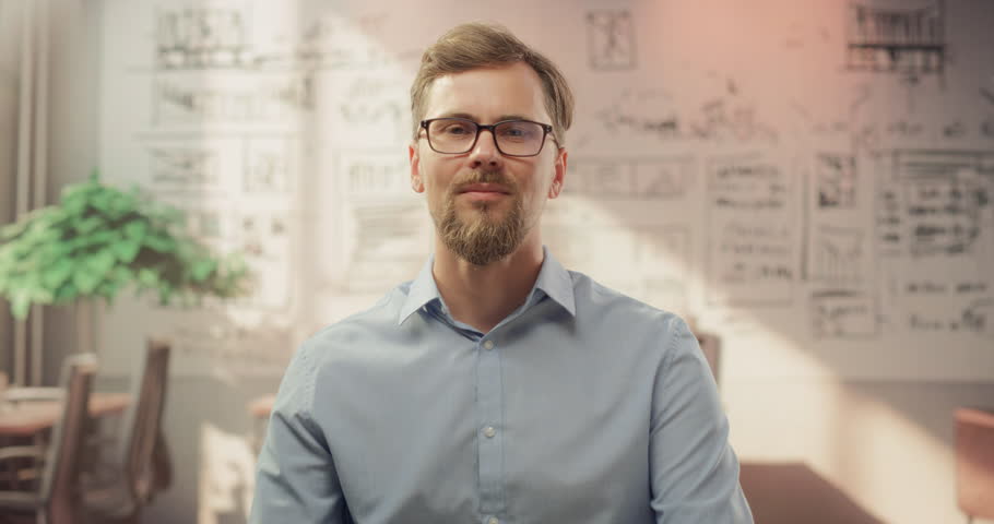 Stylish Creative Man Does Video Call from Home Office. Professional Talking to Business Partners, Associaets, Clients, Colleags via Online Conference Chat. POV from Camera