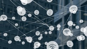 Animation of network of connections with icons over cityscape. Global business, technology and digital interface concept digitally generated video. - Powered by Shutterstock - Get 15% off with code: PIKWIZARD15