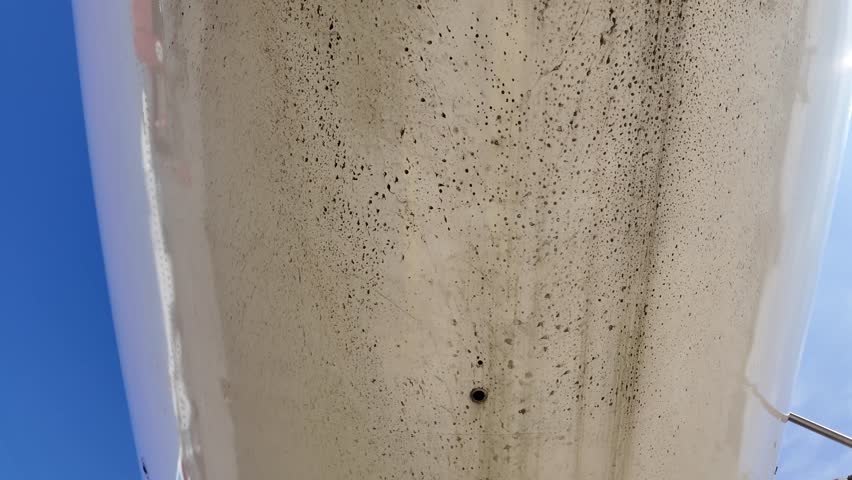 External view of the lower part of the fuselage of a dirty white color fuselage jet from the nose to thre rear part, tilting down, with some buildings at the back. 4K