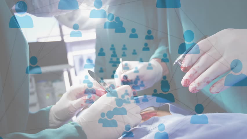 Animation of network of connections with icons over diverse surgeons during surgery. Global medicine, technology and digital interface concept digitally generated video. - Powered by Shutterstock - Get 15% off with code: PIKWIZARD15