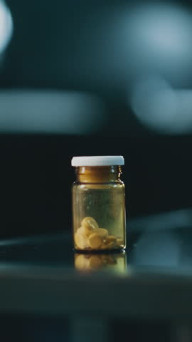 Woman stretches hand to take glass pill bottle with small white tablets from black table in darkened room at home extreme close view slow motion