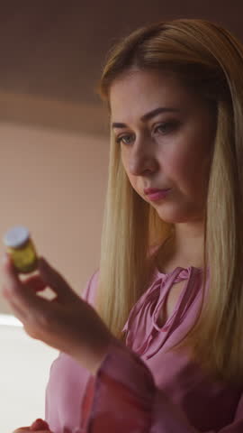 Thoughtful lady in pink blouse looks at cyanide powder in bottle planning murder or suicide in kitchen at home close view slow motion