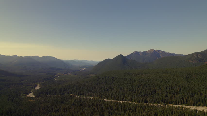 Mountainous forest landscape under a bright blue sky with Mount Rainier in Washington State, USA