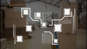Animation of white shapes with connections over warehouse. Global delivery and digital interface concept digitally generated video. - Powered by Shutterstock - Get 15% off with code: PIKWIZARD15