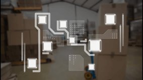 Animation of white shapes with connections over warehouse. Global delivery and digital interface concept digitally generated video. - Powered by Shutterstock - Get 15% off with code: PIKWIZARD15