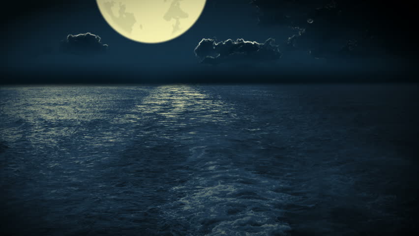 The open ocean. Night. Unrealistically large moon. The view from the stern of
