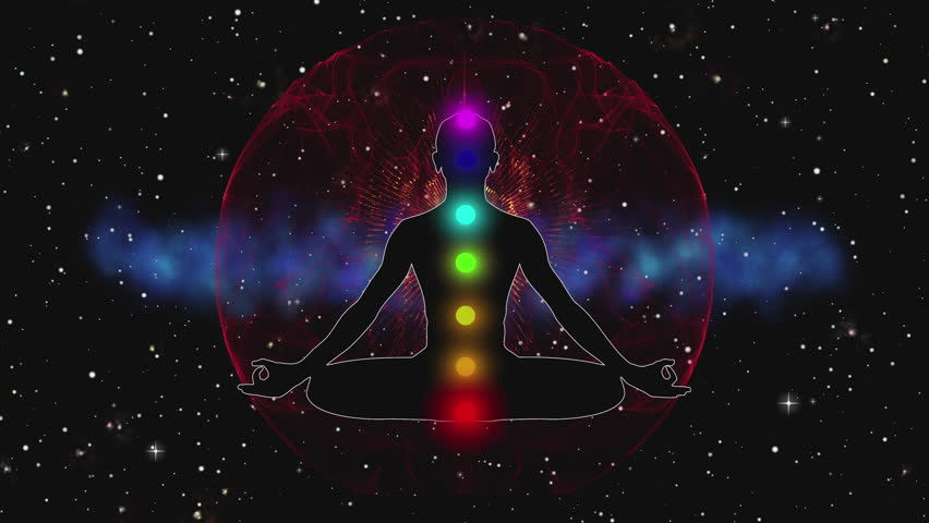 male shape sits in meditation, cyclical 3D aura animation: visualization of chakras, energy, and light for meditation, seamless loop animation