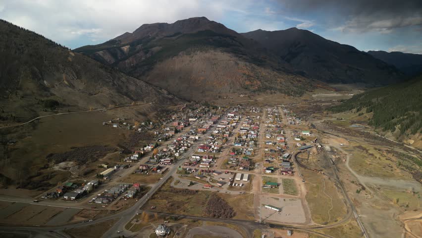 Aerial of Silverton town in southern Colorado in autumn at sunset