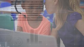 Animation of charts processing data over happy diverse schoolgirls whispering in class. Education, digital interface, data, learning, network and communication, digitally generated video. - Powered by Shutterstock - Get 15% off with code: PIKWIZARD15