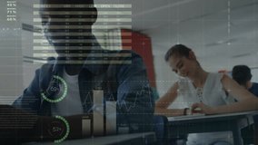 Animation of charts and processing data over happy diverse students using tablets in class. Education, digital interface, data, learning, network and communication, digitally generated video. - Powered by Shutterstock - Get 15% off with code: PIKWIZARD15