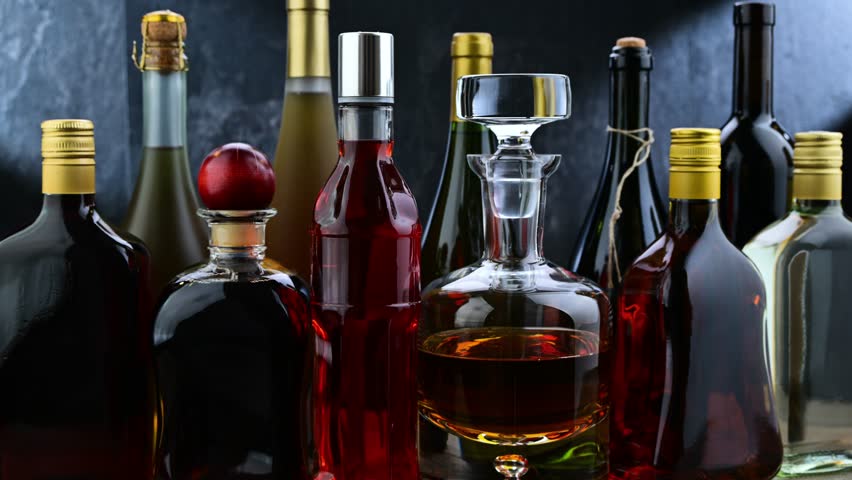 Bottles of assorted alcoholic beverages.
