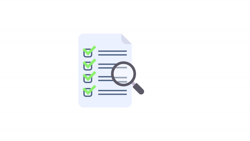 A magnifying glass reviews a checklist for quality control. A Magnifying glass inspecting a completed checklist represents concepts like quality assurance, auditing, and meticulous review.