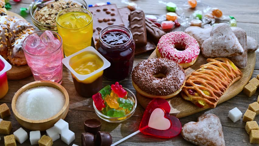 Food products containing a significant amount of sugar. Junk food.