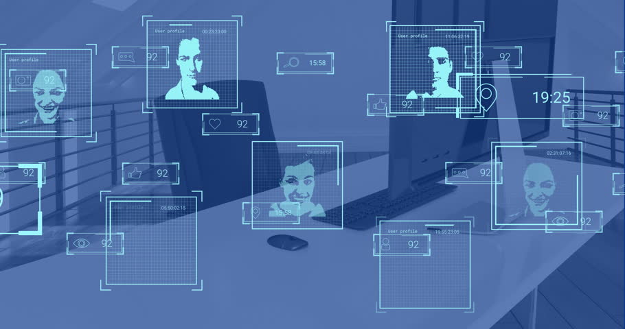 Animation of biometric photos and data processing over work station in office. Global finance, business, connections, computing and data processing concept digitally generated video.