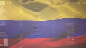 Animation of flag of colombia with interface screens and charts processing data. Colombian, network, data, digital interface, business, finance and global communication, digitally generated video. - Powered by Shutterstock - Get 15% off with code: PIKWIZARD15
