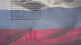 Animation of flag of russia with interface screens and charts processing data. Colombian, network, data, digital interface, business, finance and global communication, digitally generated video. - Powered by Shutterstock - Get 15% off with code: PIKWIZARD15