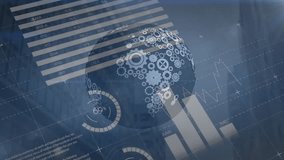 Animation of financial data processing and globe with cogs over cityscape. Global business, finances, computing and digital interface concept digitally generated video. - Powered by Shutterstock - Get 15% off with code: PIKWIZARD15