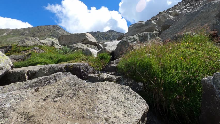 River Cascade In The Mountain With Huge Rocks - Static Shot