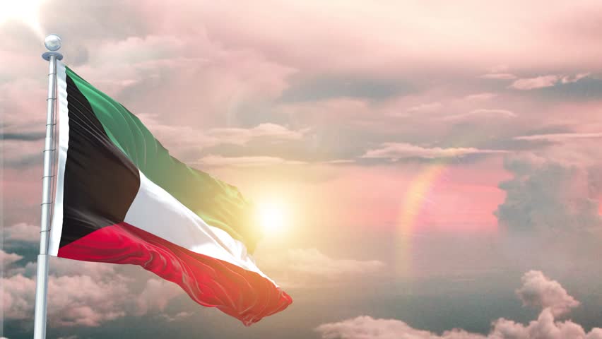 Kuwait flag Waving Realistic With Sky Plane Takes Off At Sunrise