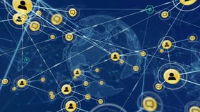 Animation of network of connections with icons over world map and globe. Global business and digital interface concept digitally generated video. - Powered by Shutterstock - Get 15% off with code: PIKWIZARD15