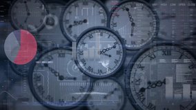 Animation of data processing and diagrams over moving clocks. Global business and digital interface concept digitally generated video. - Powered by Shutterstock - Get 15% off with code: PIKWIZARD15