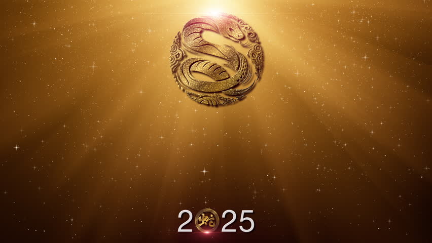 Chinese New Year 2025, Year of the Snake background decoration featuring a golden, glittering design with elegant Chinese calligraphy translating to 