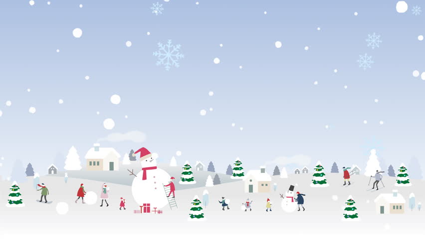 Snowman and people enjoying winter. House and Christmas tree illustration. Christmas background with falling snow.(TF002)