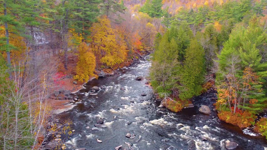 Mont Tremblant, Québec, Canada, with a peaceful river flowing through a vibrant autumn landscape, colorful foliage lining the banks, and cozy houses nestled near the water