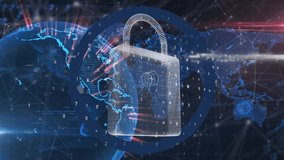 Animation of digital padlock and network of connections over globe. Global cyber security, connections, computing and data processing concept digitally generated video. - Powered by Shutterstock - Get 15% off with code: PIKWIZARD15