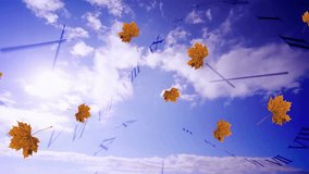 Animation of autumn leaves falling over clocks and sky with clouds. Time, autumn, fall and nature concept digitally generated video. - Powered by Shutterstock - Get 15% off with code: PIKWIZARD15