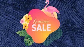 Animation of summer sale text over flamingo and leaves over blue patterned background. Spring, summer, autumn, fall and nature concept digitally generated video. - Powered by Shutterstock - Get 15% off with code: PIKWIZARD15
