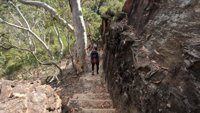 Woman walking on a steep mountain bush land track beside cliffs