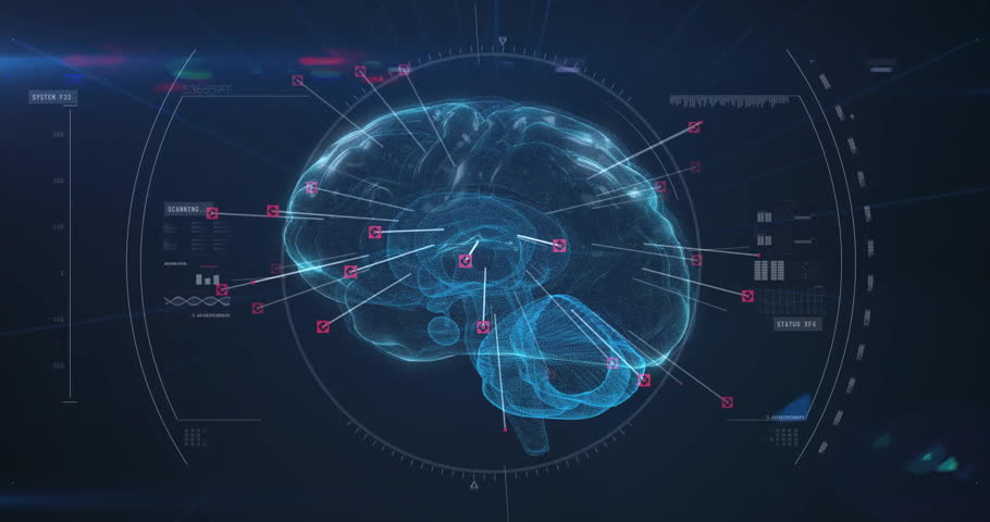 Animation of human brain and data processing over dark background. Global science, research, connections, computing and data processing concept digitally generated video.