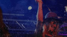 Animation of snow falling over caucasian woman singing. Entertainment, party and celebration concept digitally generated video. - Powered by Shutterstock - Get 15% off with code: PIKWIZARD15