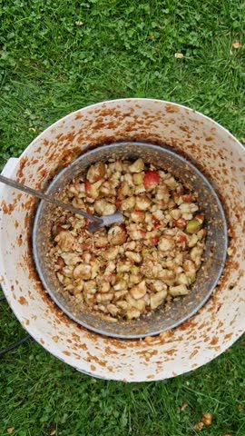Making homemade cider juice from fallen apples pressing in a hand press with a screw children help to turn the handle cider flows out of the pulp through a sieve the pulp is thrown to the compost