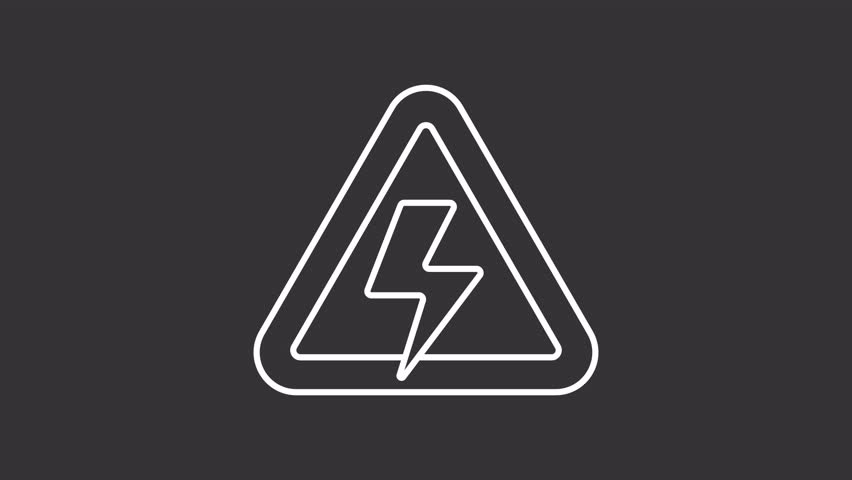 High voltage white line animation. Electricity caution animated icon. Scaling power sign, blinking. Industry, energy. Isolated illustration on dark background. Transition alpha video. Motion graphic