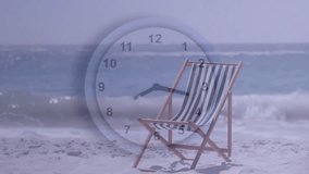 Animation of clock moving over sunbed at beach. Global business, nature and digital interface concept digitally generated video. - Powered by Shutterstock - Get 15% off with code: PIKWIZARD15