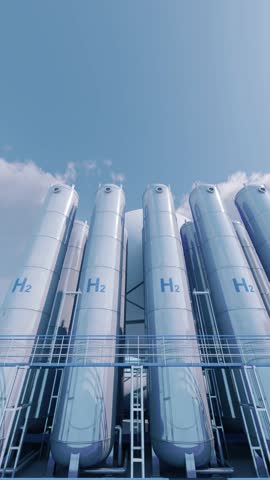 Storage tanks of hydrogen (H2). hydrogen tanks are integral to advancing clean hydrogen energy solutions, facilitating a shift towards more sustainable energy practices. Vertical screen. 3d render.