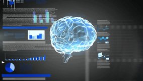 Animation of financial data processing over digital brain on black background. Global science, computing, finances and digital interface concept digitally generated video. - Powered by Shutterstock - Get 15% off with code: PIKWIZARD15