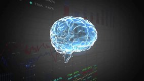 Animation of financial data processing over digital brain on black background. Global science, computing, finances and digital interface concept digitally generated video. - Powered by Shutterstock - Get 15% off with code: PIKWIZARD15