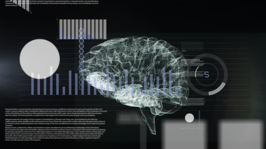 Animation of financial data processing over digital brain on black background. Global science, computing, finances and digital interface concept digitally generated video. - Powered by Shutterstock - Get 15% off with code: PIKWIZARD15