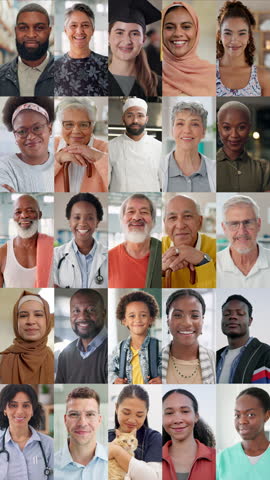 People, happy and ambition in collage for diversity, community growth and networking. Smile, portrait and public society in montage with workforce, aspirations or social development responsibility