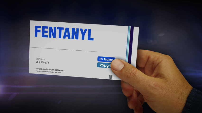 Fentanyl opioid painkiller tablets box in hands. Medical pain drug Cardboard pack abstract concept 3d.