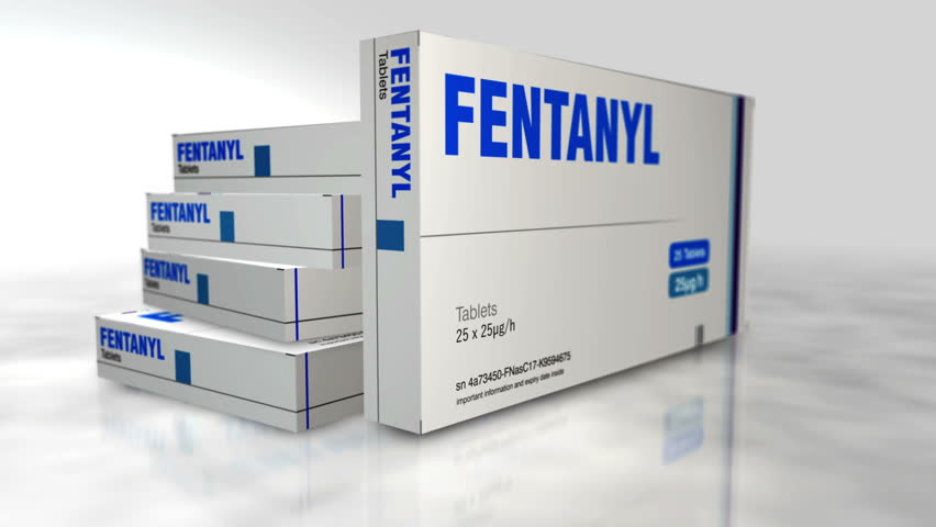 Fentanyl opioid painkiller tablets box. Medical pain drug Cardboard pack abstract concept animation. 3D view with the camera moving around.