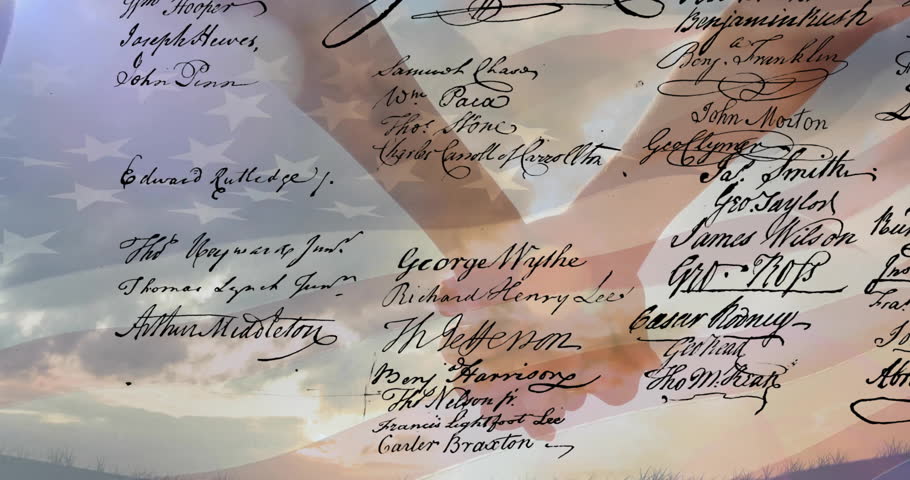 Animation of american flag and declaration over caucasian couple holding hands on sunny beach. Vacations, summer, american, patriotism, celebration and tradition, digitally generated video.