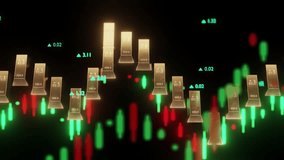 Gold bars overlayed on a stock market chart with rising and falling green and red candlestick patterns, symbolizing gold trading. - Powered by Shutterstock - Get 15% off with code: PIKWIZARD15