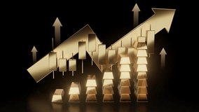 Gold bars and candlestick chart rising with arrows symbolizing the growth of gold investment and positive market trends in commodities. - Powered by Shutterstock - Get 15% off with code: PIKWIZARD15