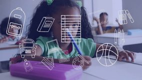 Animation of school items icons over focused diverse students in classroom. Global education, school and digital interface concept, digitally generated video. - Powered by Shutterstock - Get 15% off with code: PIKWIZARD15